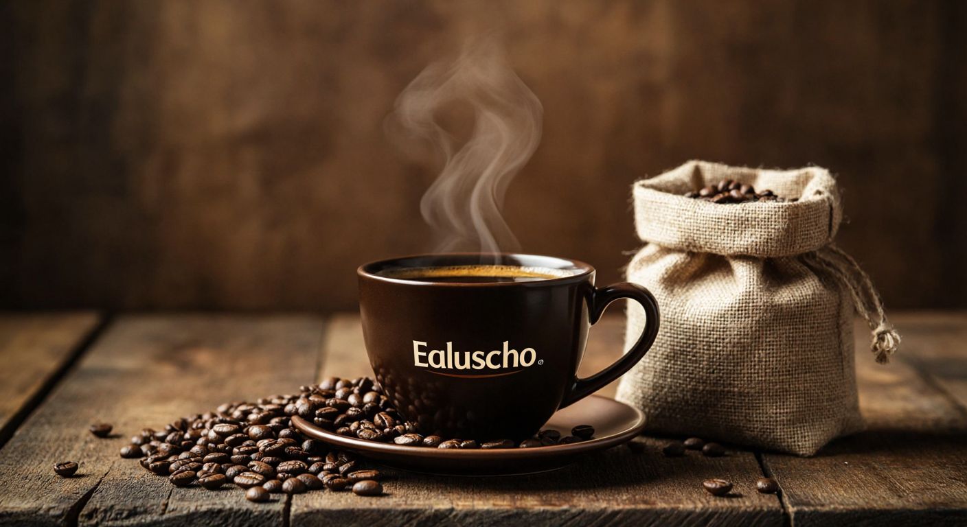 A steaming cup of dark coffee with the Eduscho logo subtly reflected in its surface, set on a wooden table beside a small bag of coffee beans, evoking warmth and tradition.