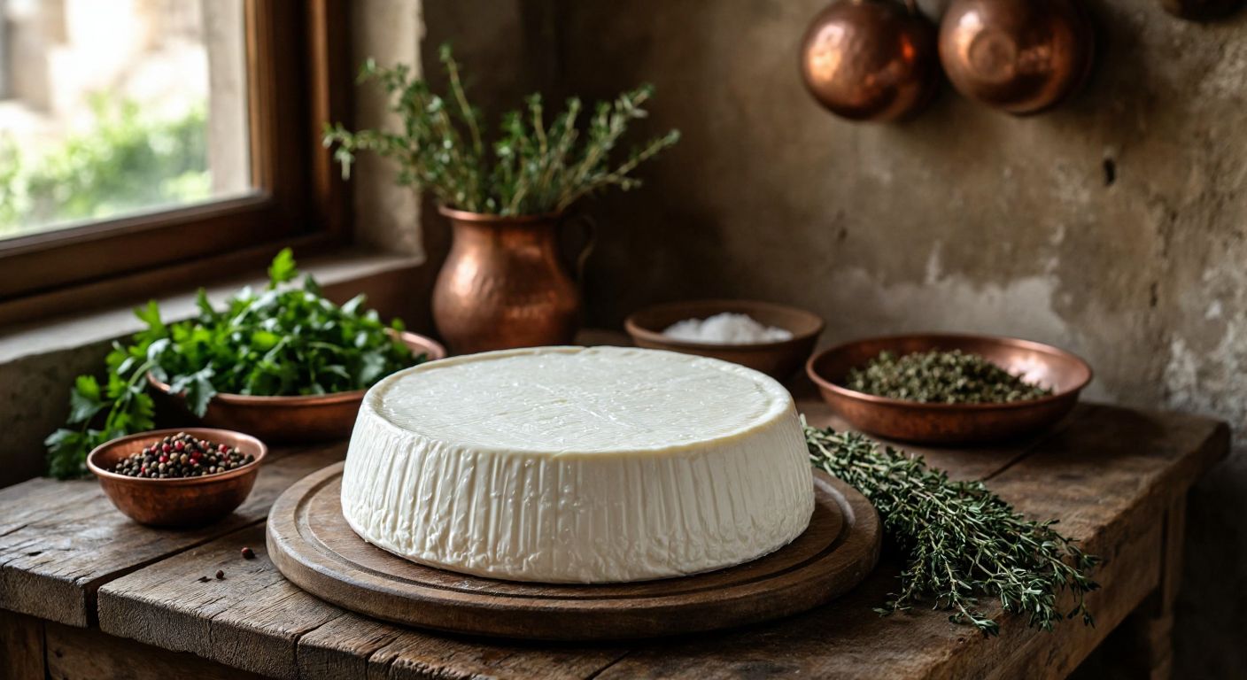 A rustic wooden table in a cozy Turkish kitchen holds a round wheel of Kars snow cheese, its white surface slightly glistening, with a traditional copper tray and fresh herbs nearby.