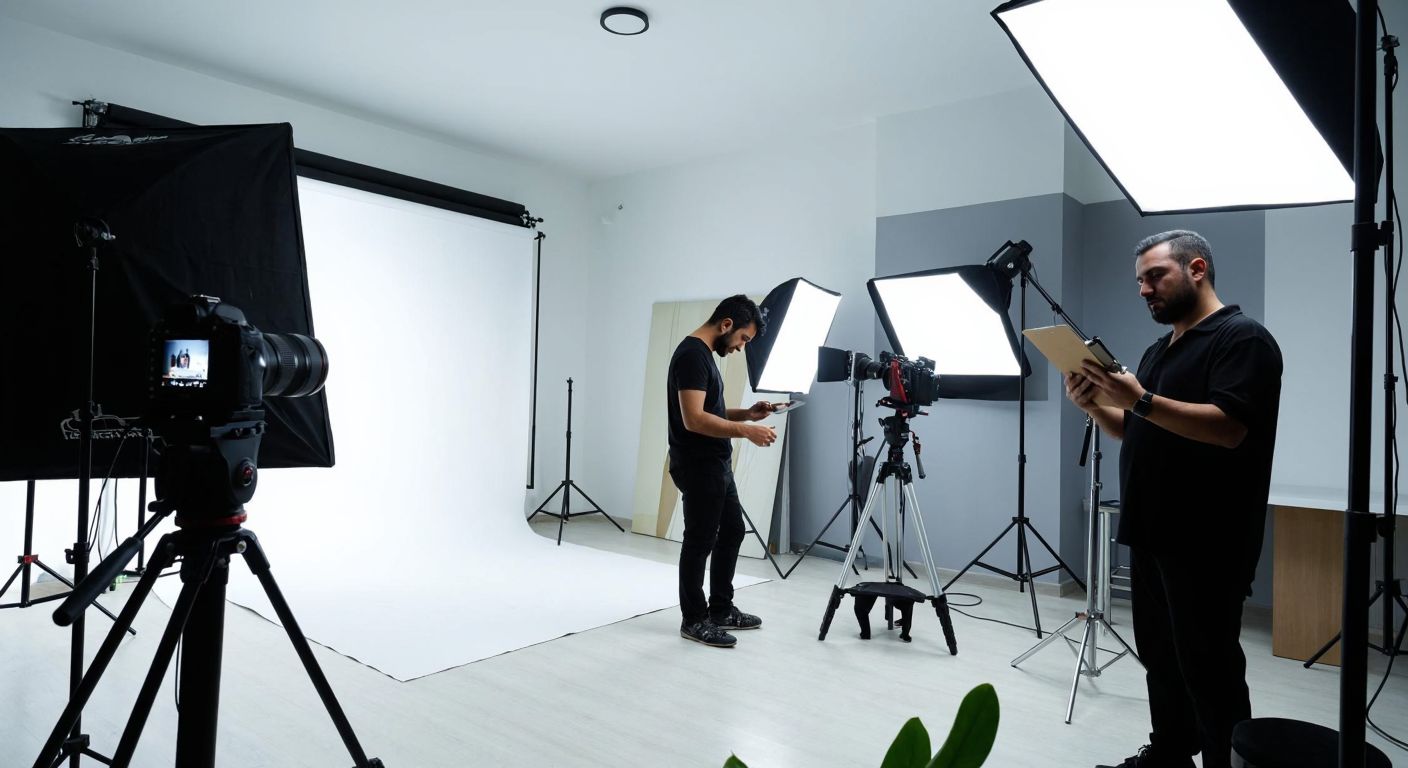 A modern photography studio in Turkey with bright lighting, a camera on a tripod, and a person adjusting equipment, while another checks a clipboard, conveying a professional and organized atmosphere.