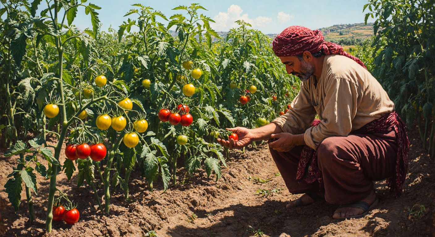 A sunlit Turkish garden with vibrant green tomato plants bearing small yellow flowers and ripening red fruits, while a farmer in traditional loose clothing gently inspects the leaves.