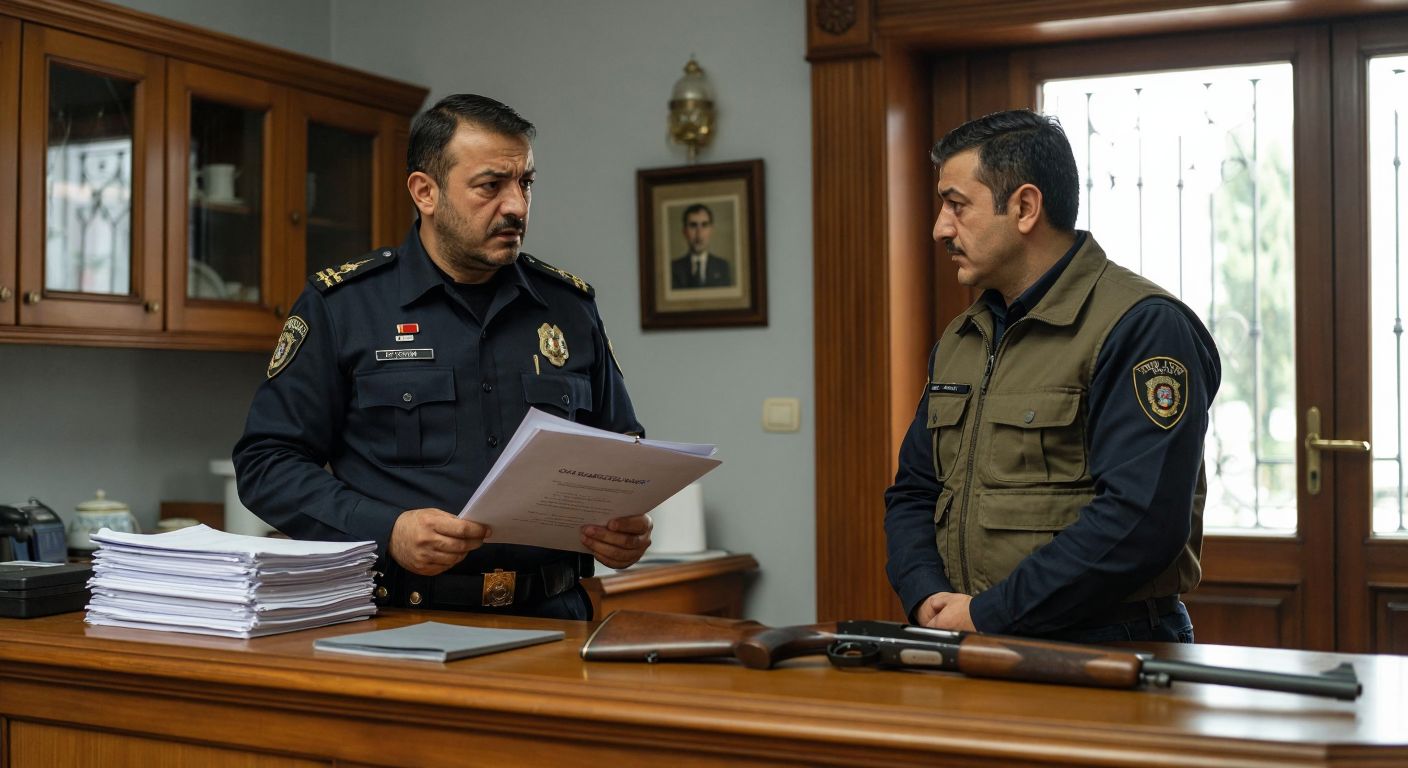 A stern Turkish police officer in uniform stands behind a wooden counter, holding a stack of official-looking documents while a focused middle-aged man in casual attire listens intently, with a hunting rifle and a handgun displayed on the counter between them.