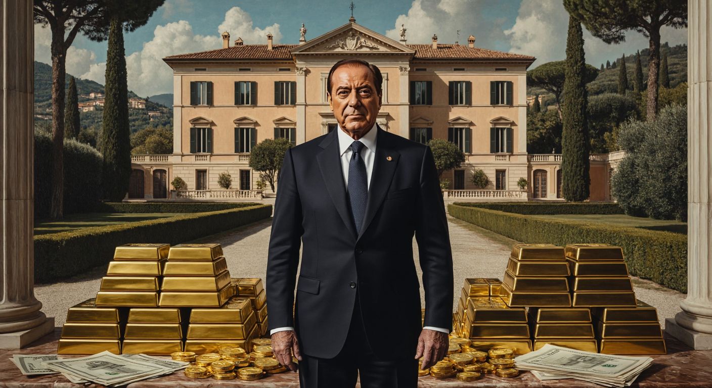 A solemn portrait of Silvio Berlusconi in a dark suit, standing before a grand Italian villa, with stacks of gold bars and financial documents subtly fading into the background.