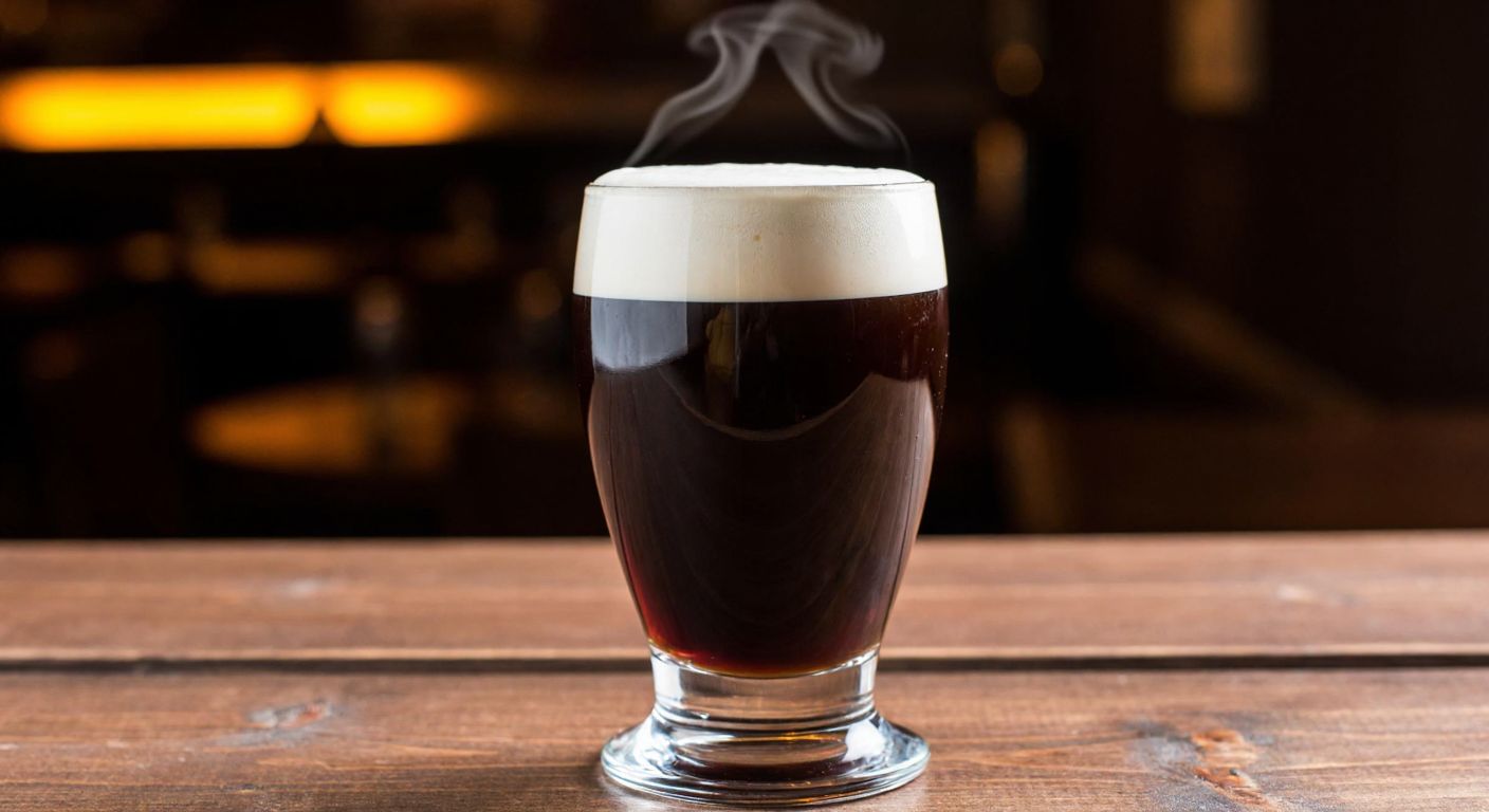 A steaming glass of Irish coffee with dark liquid at the bottom, a layer of golden whiskey-infused coffee, and a thick, creamy white topping, set on a rustic wooden table in a cozy pub with dim lighting.