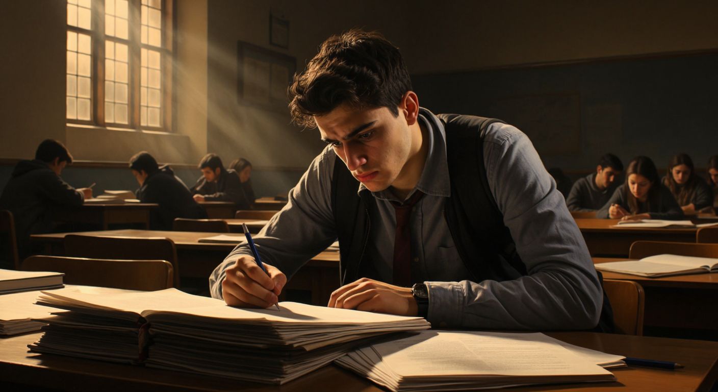 A stressed Turkish university student sits at a wooden desk in a dimly lit classroom, nervously gripping a pen while flipping through a thick stack of lecture notes, with a stern professor watching from the front of the room.