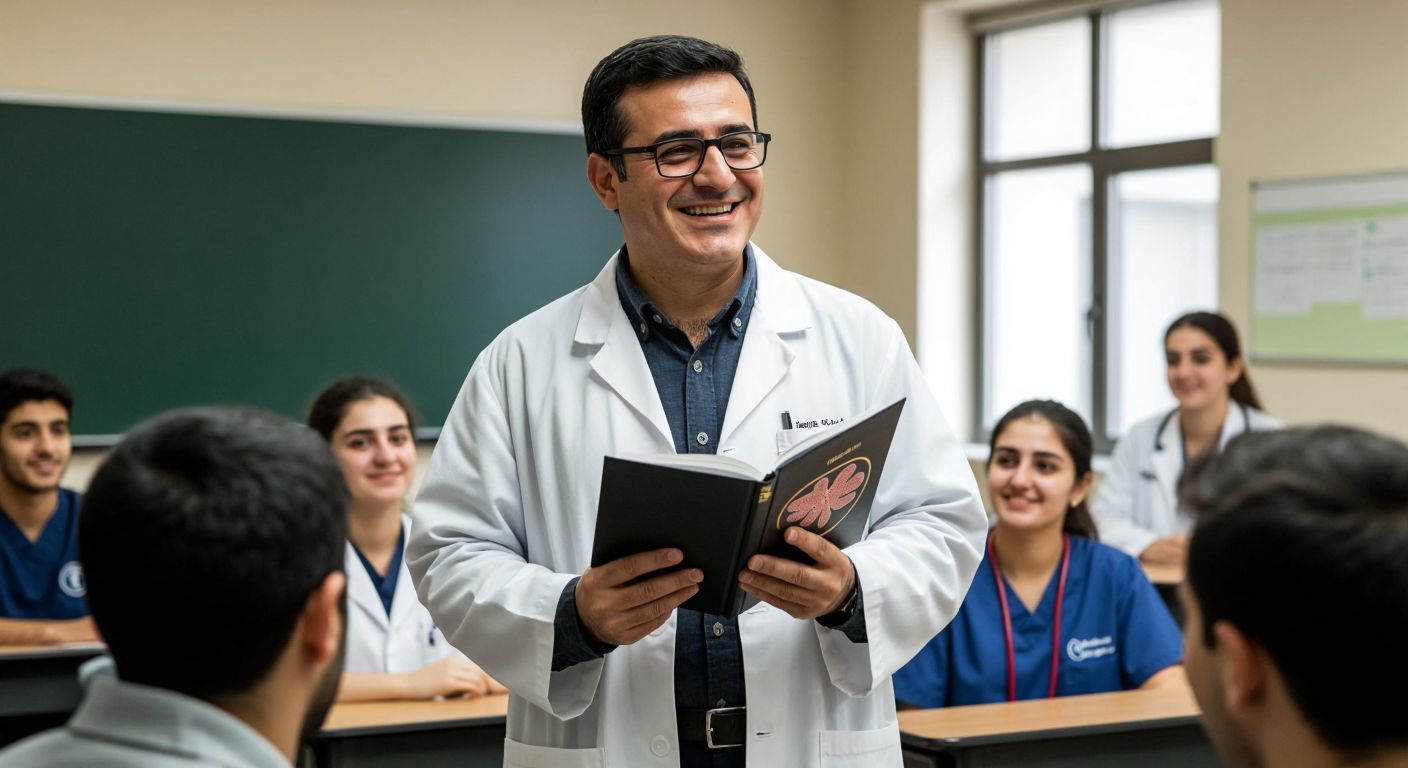 A middle-aged Turkish man with glasses, wearing a white lab coat, stands in a classroom holding a biology textbook while smiling warmly at a group of attentive students.  

(Note: The description avoids all prohibited elements while capturing the essence of the interaction—Barış Kapan’s dual role as a doctor/teacher, his educational impact in Turkey, and the setting implied by his work.)