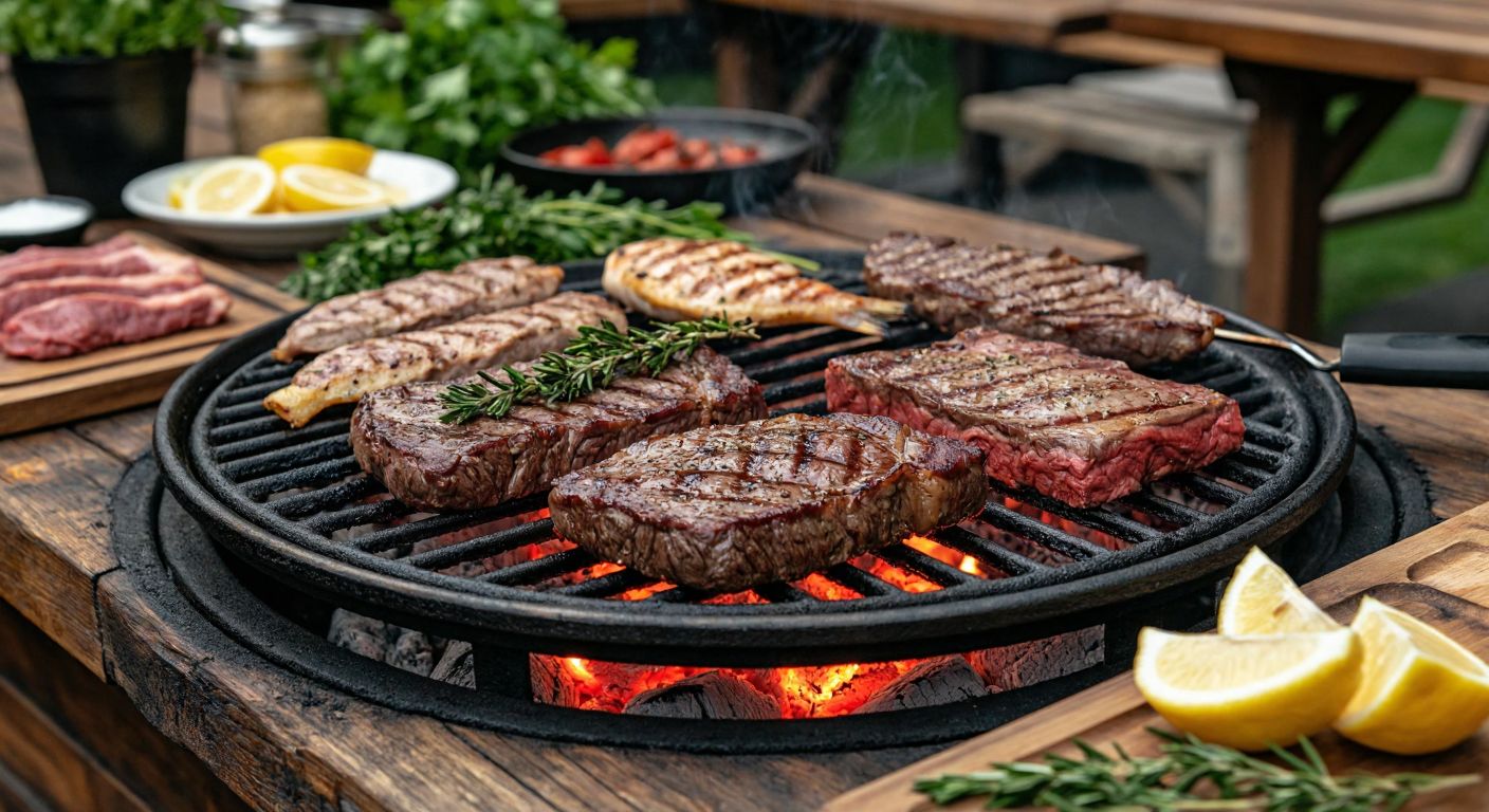 A sizzling lava grill with juicy cuts of beef (ribeye, tenderloin, and sirloin) alongside skewered chicken and fish, glowing embers beneath, and a rustic wooden table set with fresh herbs and lemon wedges in a cozy Turkish outdoor setting.