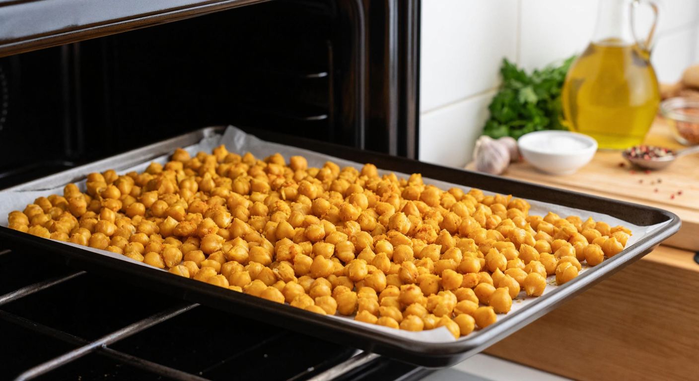 A golden-brown chickpea chips spread on a baking tray inside a warm oven, with a Turkish kitchen counter in the background featuring olive oil and spices.