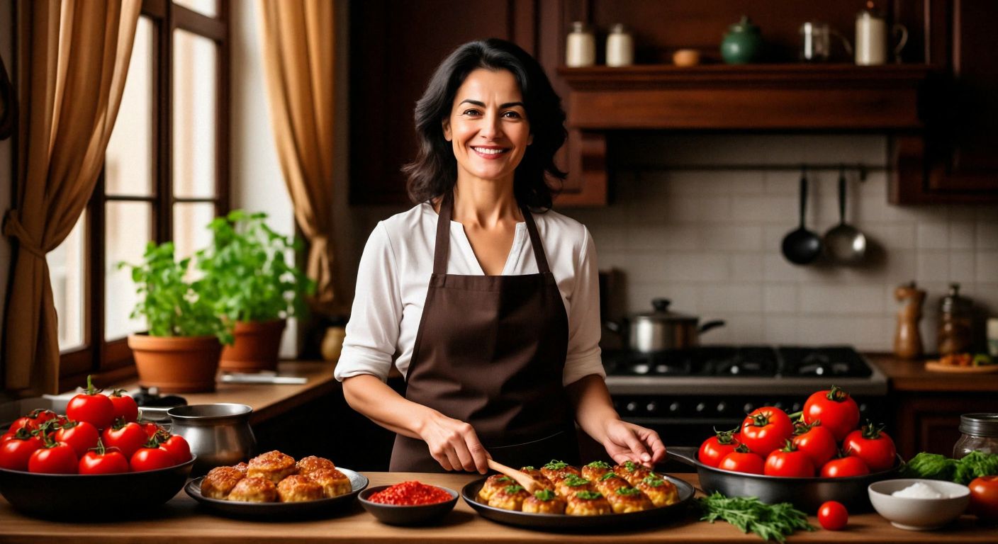 A smiling middle-aged woman with dark hair stands in a bright kitchen, wearing an apron and holding a wooden spoon, surrounded by colorful Turkish dishes like stuffed peppers and baklava.