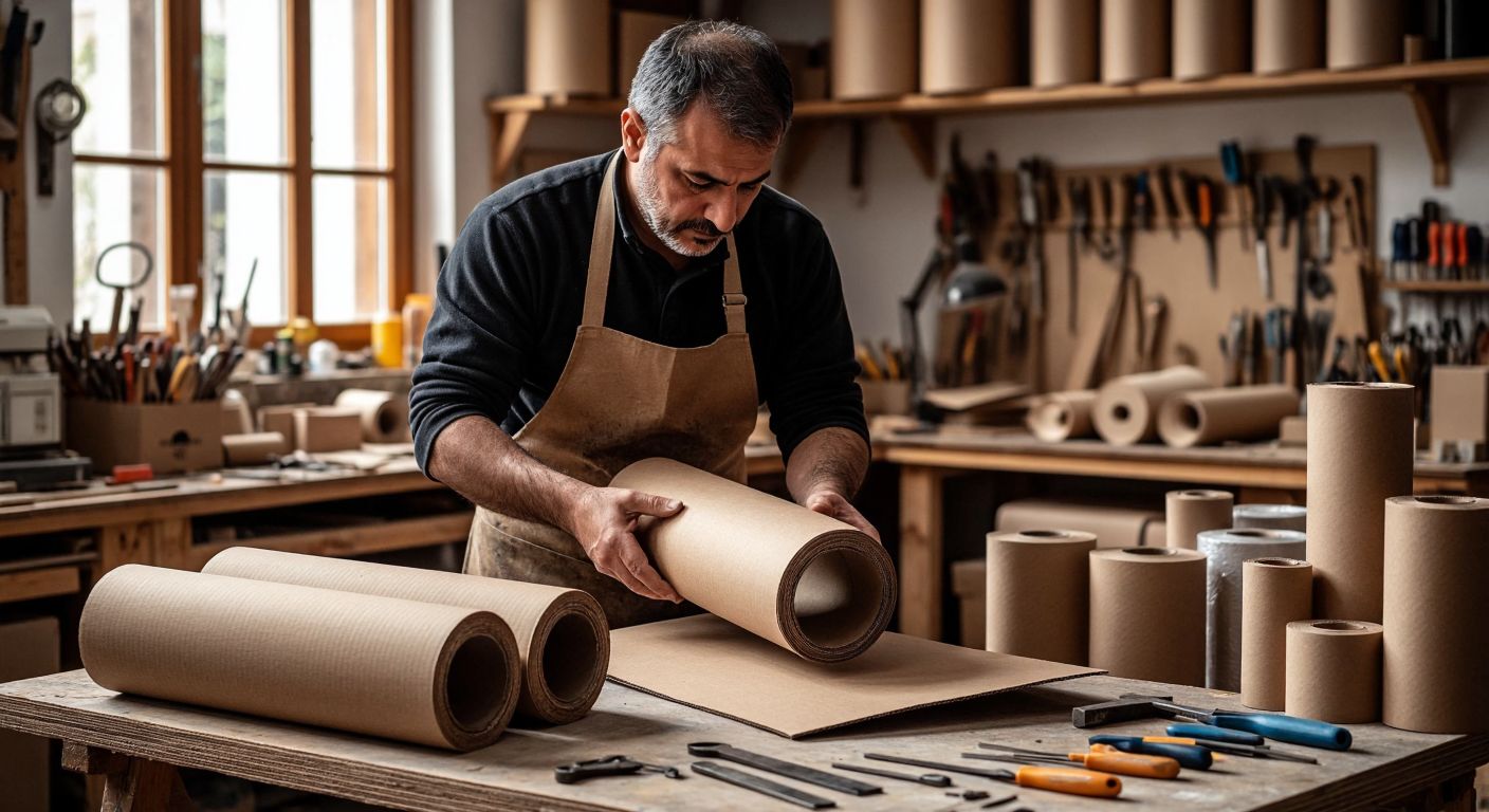 A skilled craftsman in a Turkish workshop carefully folds sturdy brown cardboard into a precise wine bottle-shaped box, surrounded by scattered tools and rolls of high-quality cellulose material.