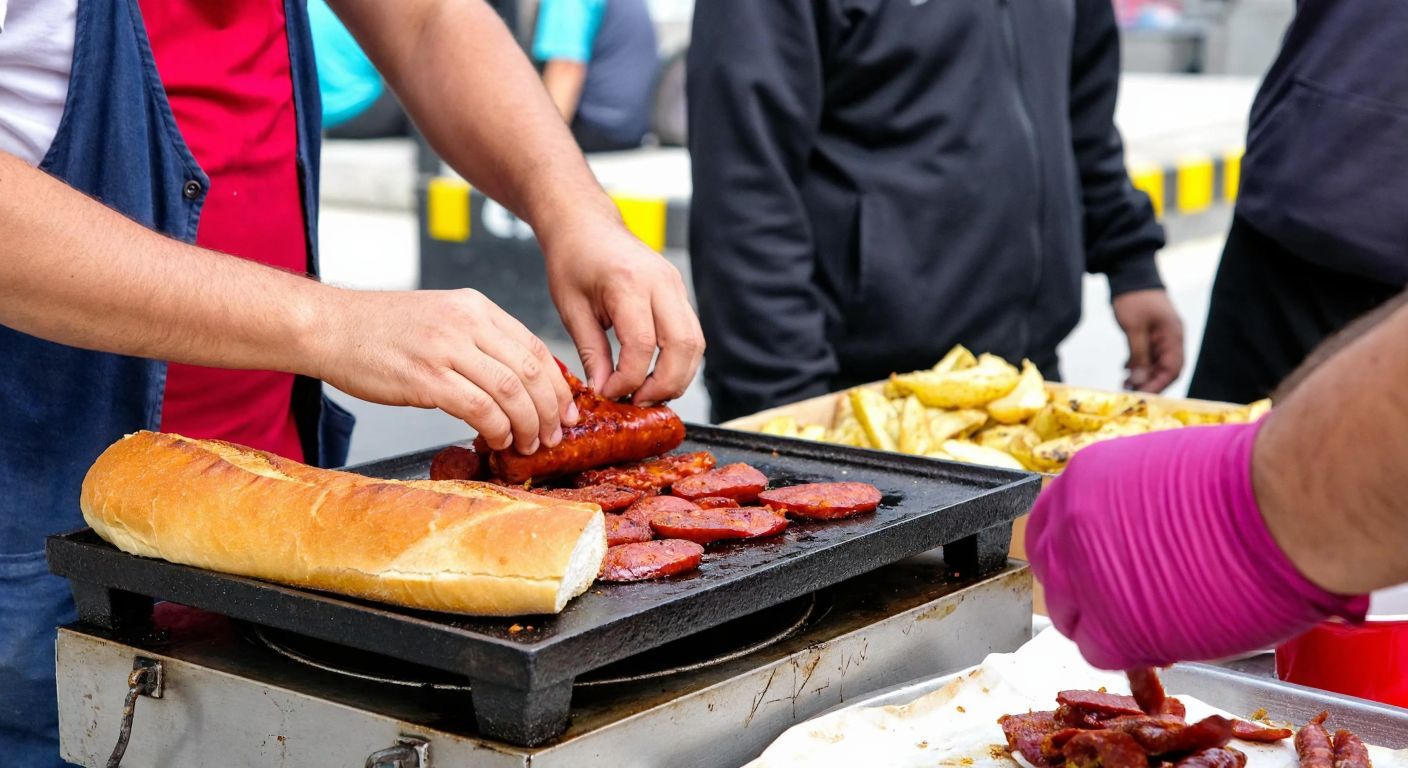 A vibrant street vendor in Balıkesir grills sizzling *dilli sucuk* on a portable grill, assembling a sandwich with fresh bread while locals eagerly watch, surrounded by the aroma of spices and the bustling energy of a Turkish market.