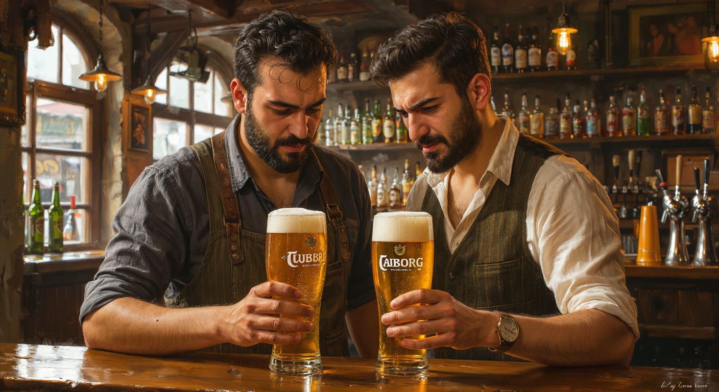 A Turkish bartender in a cozy pub holds two frosty beer glasses—one filled with golden Tuborg, the other with lighter Carlsberg—while a curious customer leans in, eyes narrowed in playful debate over their flavors.
