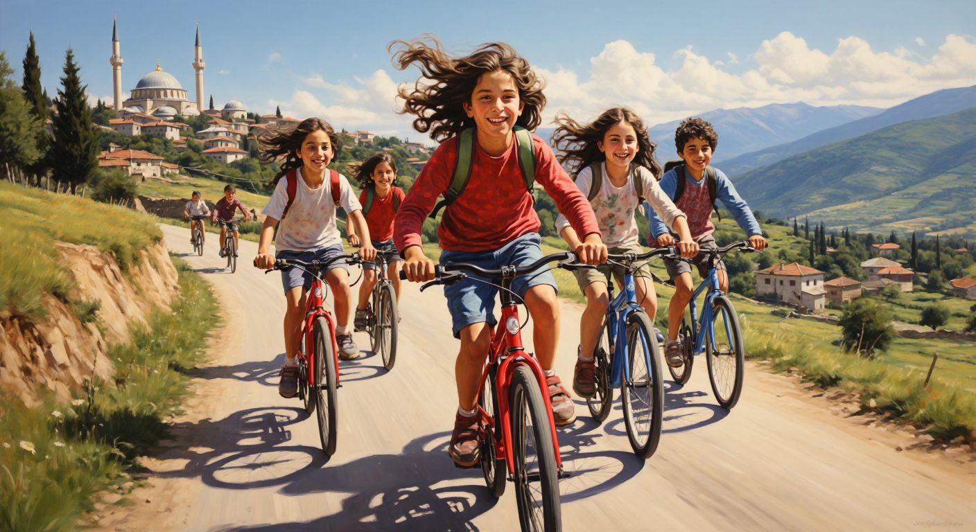 A group of Turkish pre-teens riding red and blue 26-inch Mounty bicycles on a sunny village road, smiling with wind in their hair, surrounded by green hills and a distant mosque silhouette.