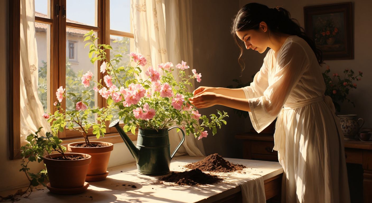 A pair of gentle hands carefully tending to delicate silk flower branches in a sunlit Turkish home, with a watering can nearby and well-draining soil in a terracotta pot.