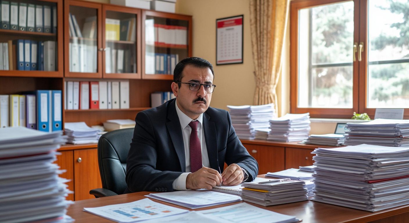 A solemn school principal in a Turkish school office, surrounded by stacks of paperwork and a calendar, looking focused while preparing for the upcoming semester.