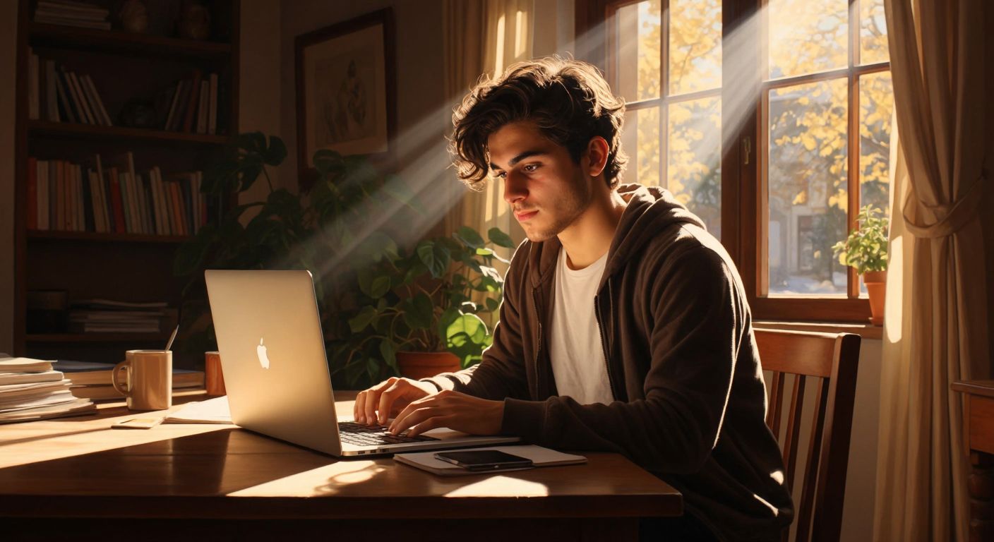 A focused Turkish student sits at a wooden desk with a laptop, sunlight streaming through a window, their face lit with determination as they navigate an online education portal.