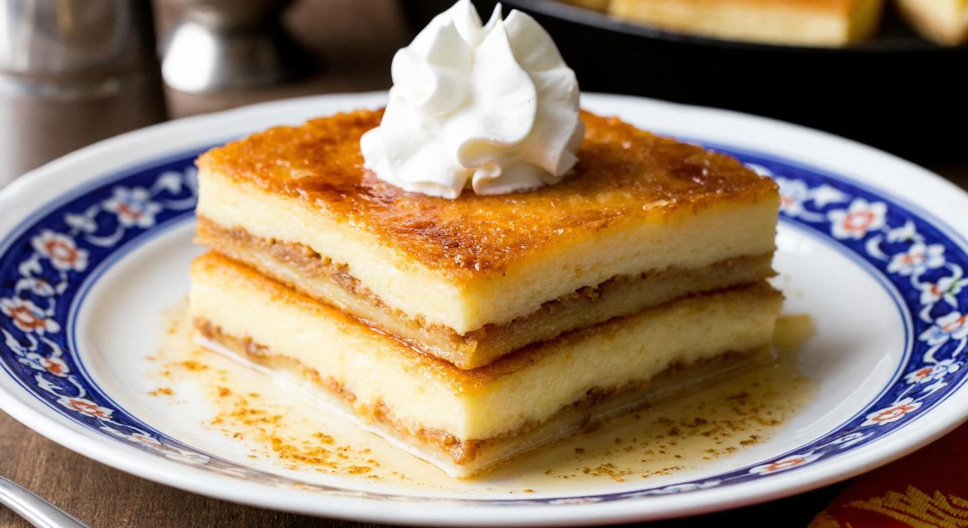 A golden-brown stack of crispy etimek soaked in caramelized syrup, layered with creamy vanilla custard and topped with fluffy whipped cream, resting on a traditional Turkish ceramic plate.