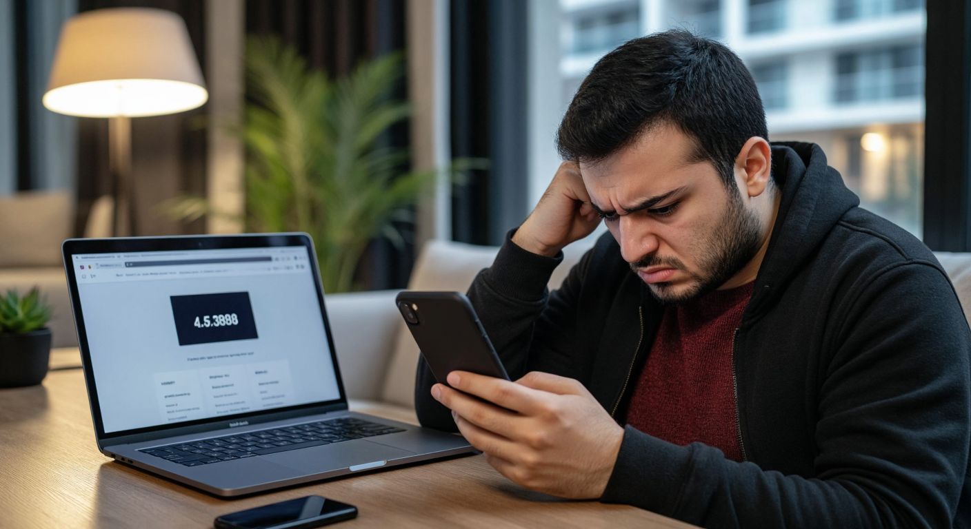 A person in Turkey frowns at their phone screen displaying an unknown number, while a laptop nearby shows a website for phone number lookup services.