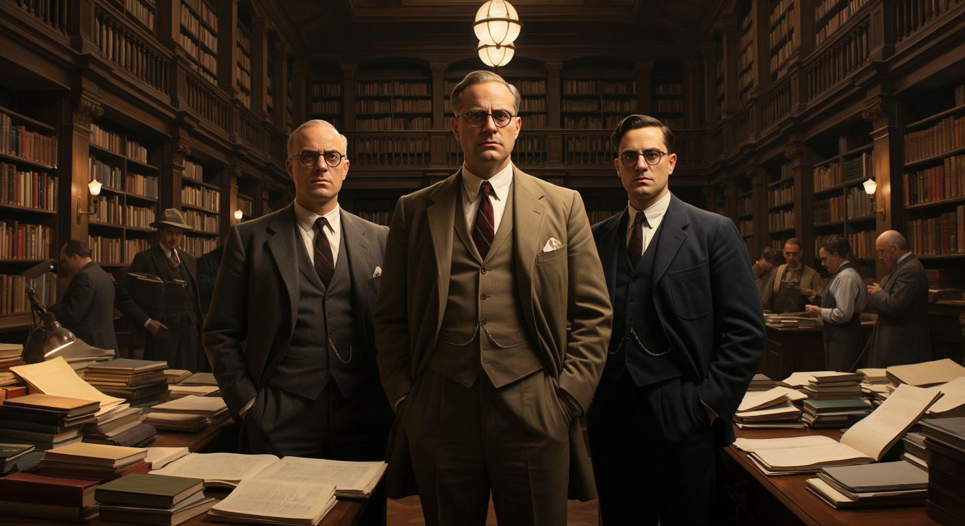 A group of three scholarly men in mid-20th-century attire—Adorno with glasses, Horkheimer with a stern expression, and Marcuse with a thoughtful gaze—standing in a dimly lit university library, surrounded by towering bookshelves and scattered papers, embodying intellectual debate.