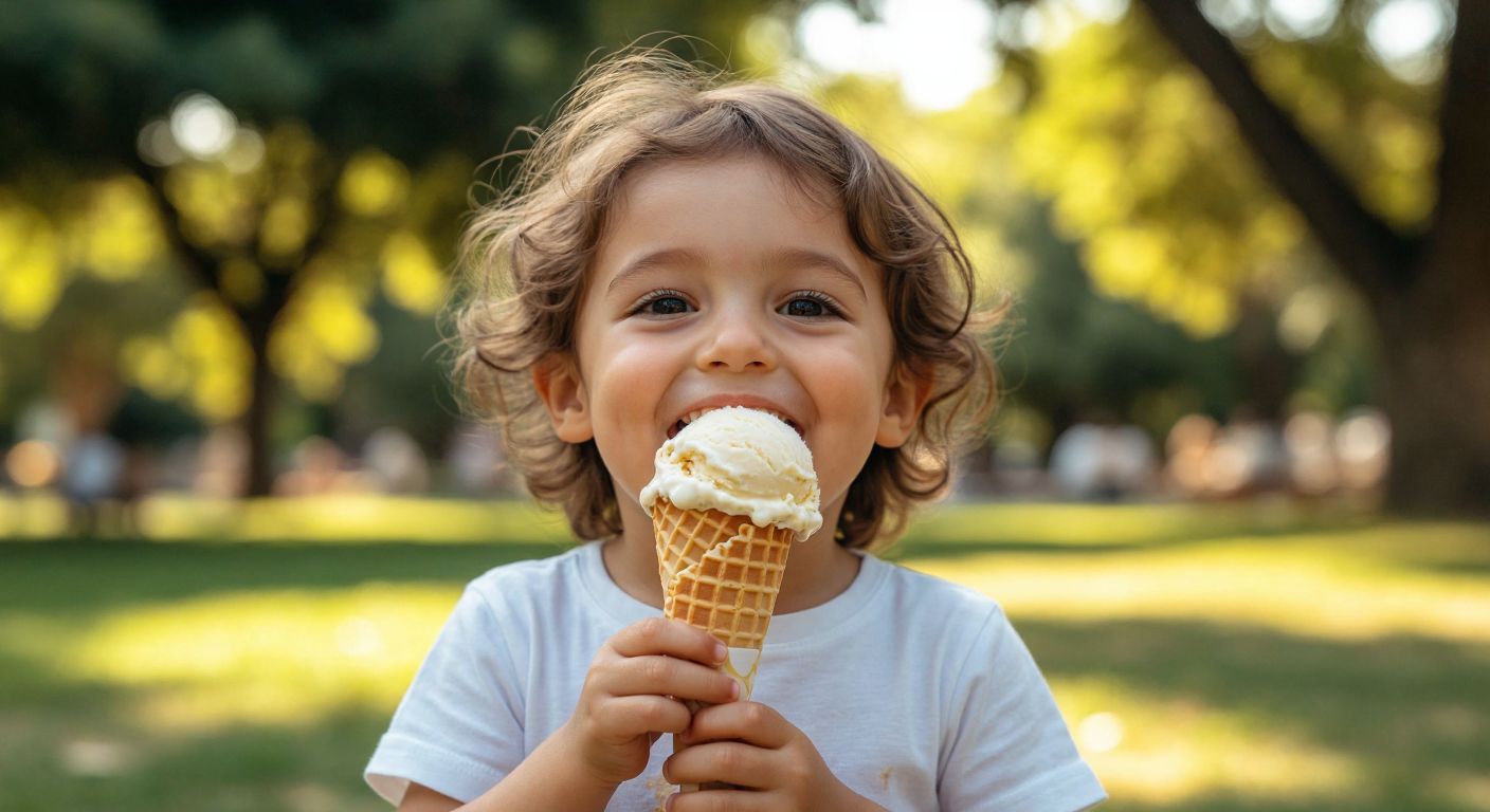 A smiling child in a sunny Turkish park carefully licking a creamy, melting ice cream cone with a golden-brown waffle texture, their eyes crinkled with delight.