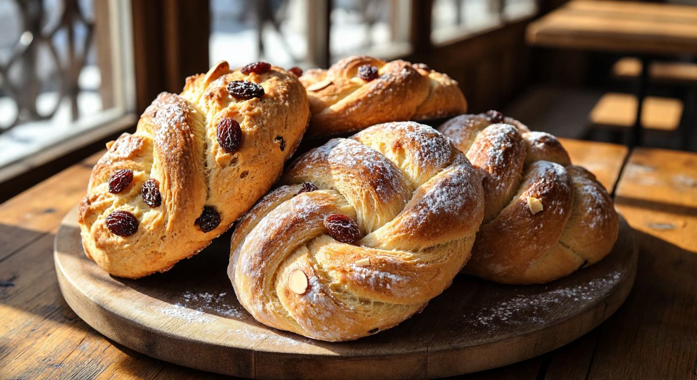 A golden-brown, twice-baked Italian biscuit (Selanik gevreği) with almonds and raisins sits beside a soft, braided sweet bread (Selanik ekmeği) dusted with mahleb and mastic, both placed on a rustic wooden table in a sunlit Turkish bakery.