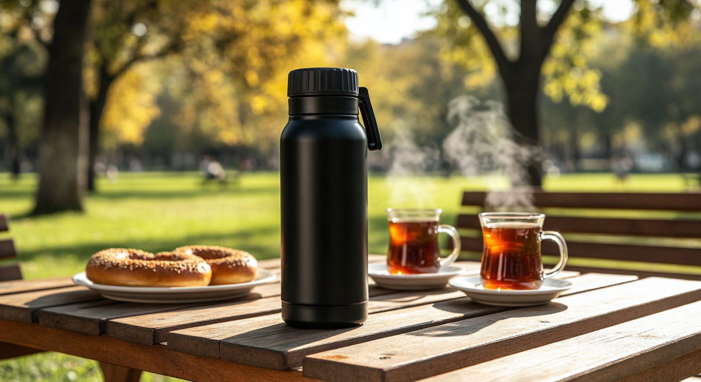 A sleek black Star Termos flask with a sturdy rubber lid sits on a wooden picnic table in a sunny Turkish park, surrounded by steaming çay glasses and a plate of simit, evoking warmth and satisfaction.