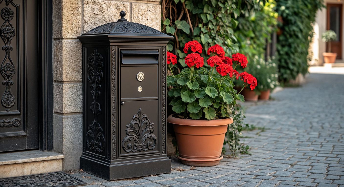 A sturdy cast-iron mailbox with ornate floral patterns stands beside a sleek, modern aluminum mailbox on a cobblestone street in a Turkish neighborhood, with a potted red geranium nearby.