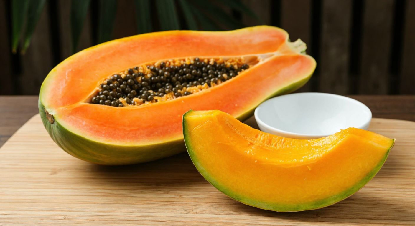 A ripe papaya sliced open on a wooden table, its vibrant orange flesh glistening next to a wedge of honeydew melon and a small bowl of roasted pumpkin, evoking sweet, tropical freshness.