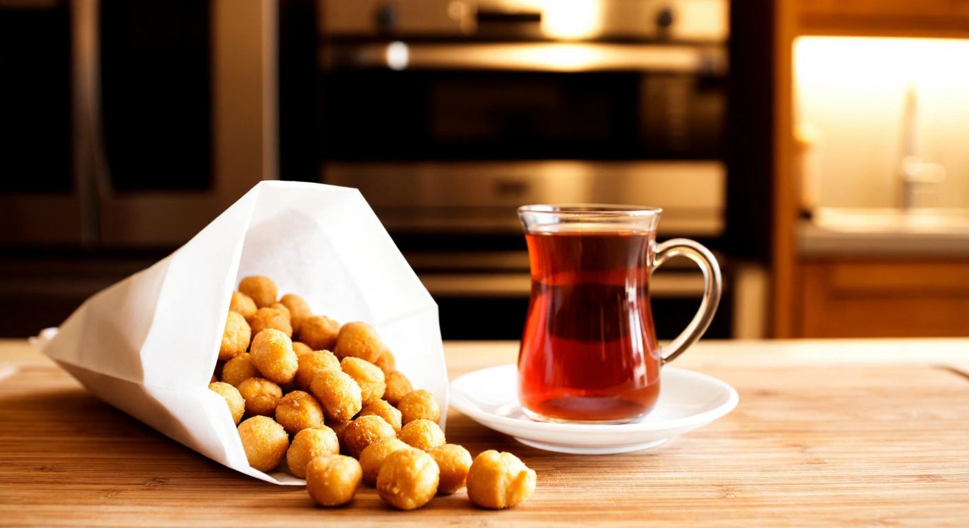 A small, open paper bag filled with golden-brown roasted soy snacks, resting on a wooden table beside a steaming cup of Turkish tea, with a warm, inviting kitchen in the background.