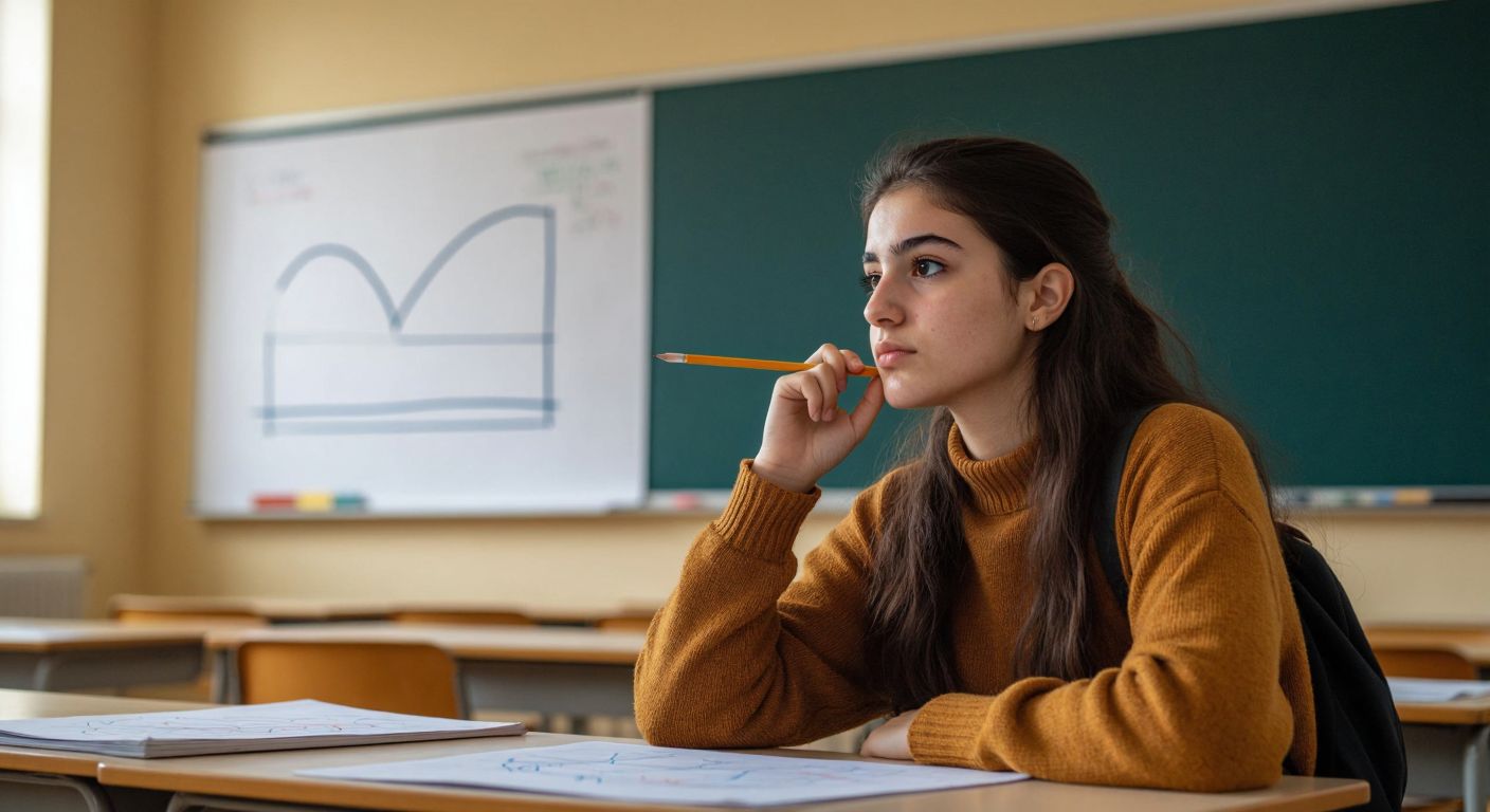 A Turkish student in a classroom, holding a pencil and looking thoughtfully at a graph paper with a symmetrical curve drawn on it, reflecting across the y-axis.