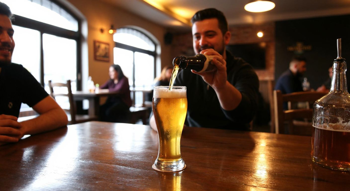 A cozy pub in Avcılar with wooden tables, dim warm lighting, and a bartender pouring a golden beer into a frosted glass, surrounded by locals chatting cheerfully.