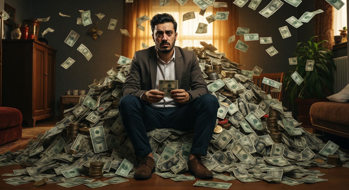 A worried Turkish person in a modest home setting holds a credit card while a growing pile of coins and bills symbolizes mounting debt behind them.