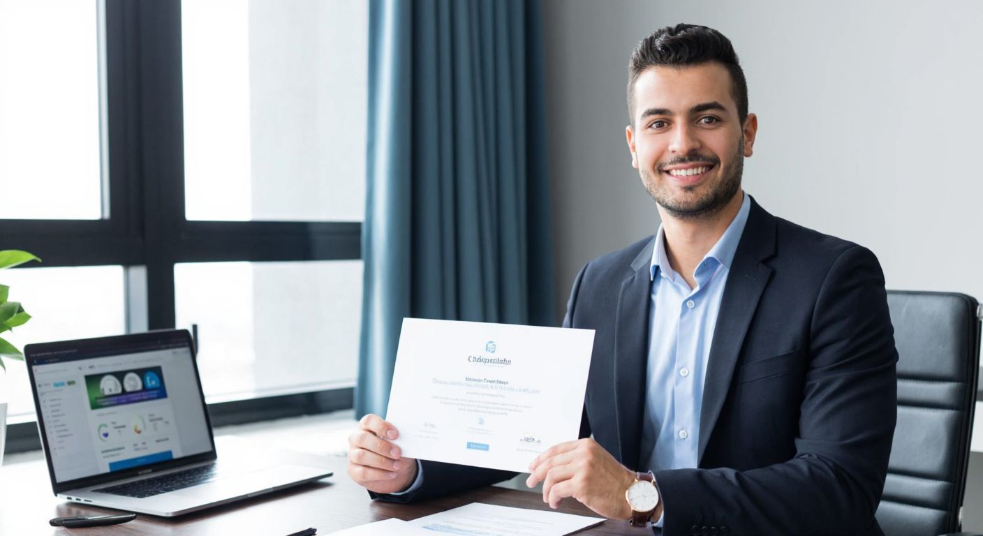 A professional Turkish businessperson in a sleek office, holding a certificate with a confident smile, while a laptop displays a project management dashboard in the background.