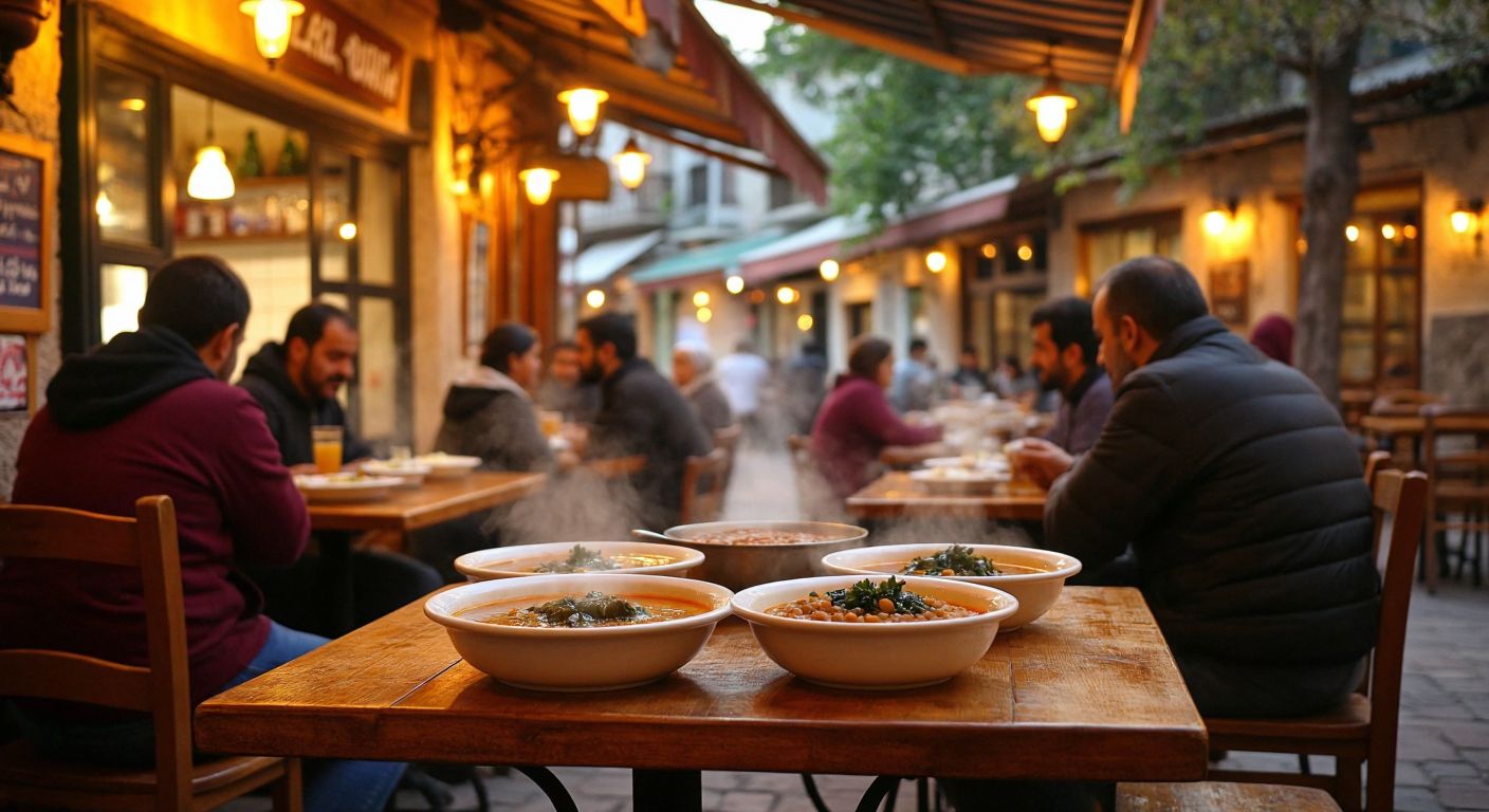 A cozy Turkish eatery in Gazipaşa with steaming bowls of yarpızlı çorba, kele paça, and lentil soup on wooden tables, surrounded by locals chatting warmly under soft lantern light.