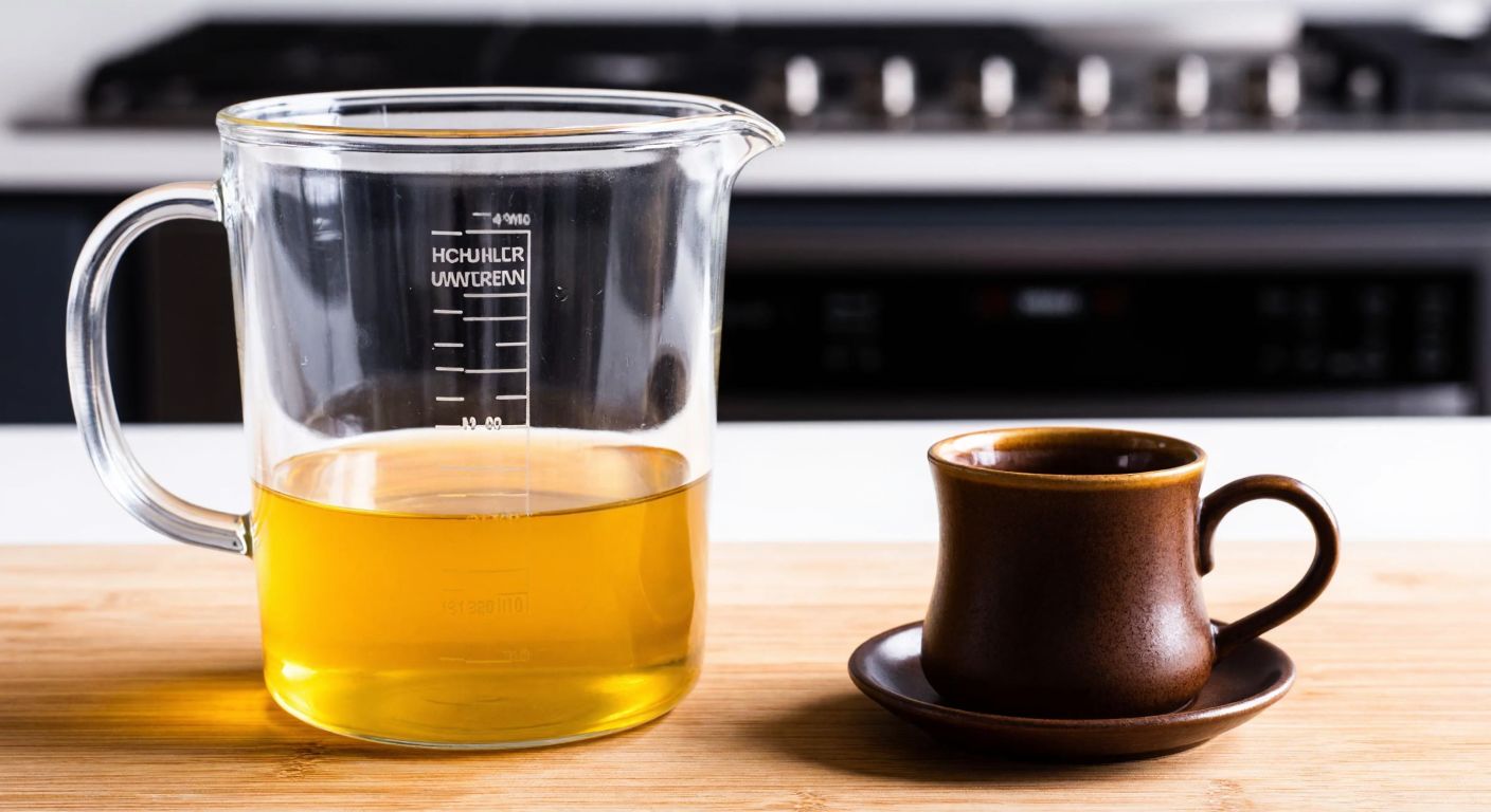 A clear glass measuring cup filled with a golden liquid (like olive oil or honey) resting on a wooden kitchen counter, with a small Turkish coffee cup beside it for scale.