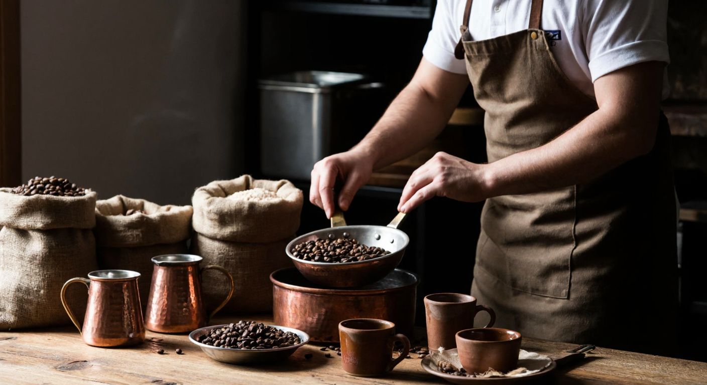 A warm Turkish café scene with a bearded artisan in an apron carefully roasting coffee beans in a small copper pan, surrounded by burlap sacks of fresh beans and traditional ceramic cups on a wooden table.