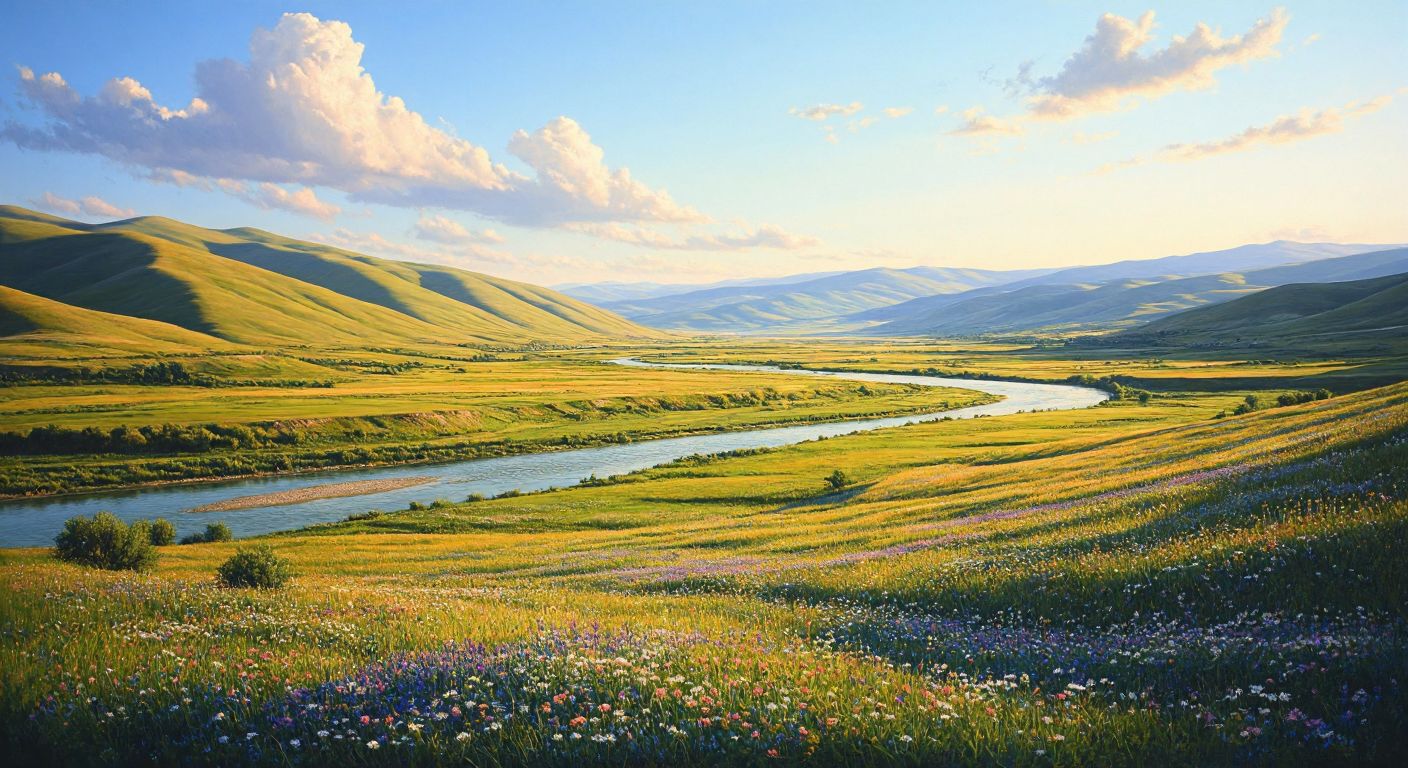 A vast, sunlit Turkish plain with gently rolling hills in the background, contrasting with a flat river valley filled with fertile soil and scattered wildflowers.