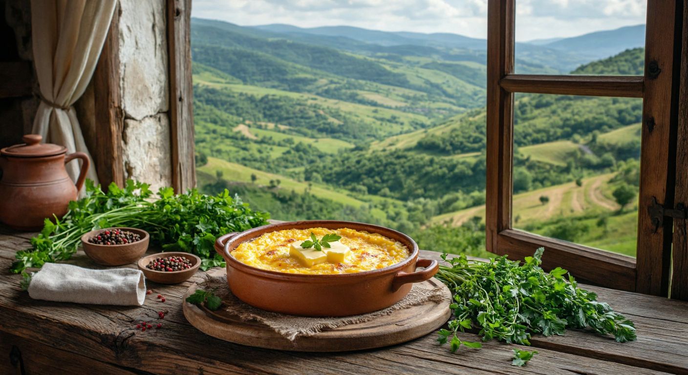 A rustic wooden table in a cozy Turkish kitchen set with a steaming bowl of golden kaçamak, topped with melted butter, surrounded by fresh herbs and a view of rolling green hills through an open window.
