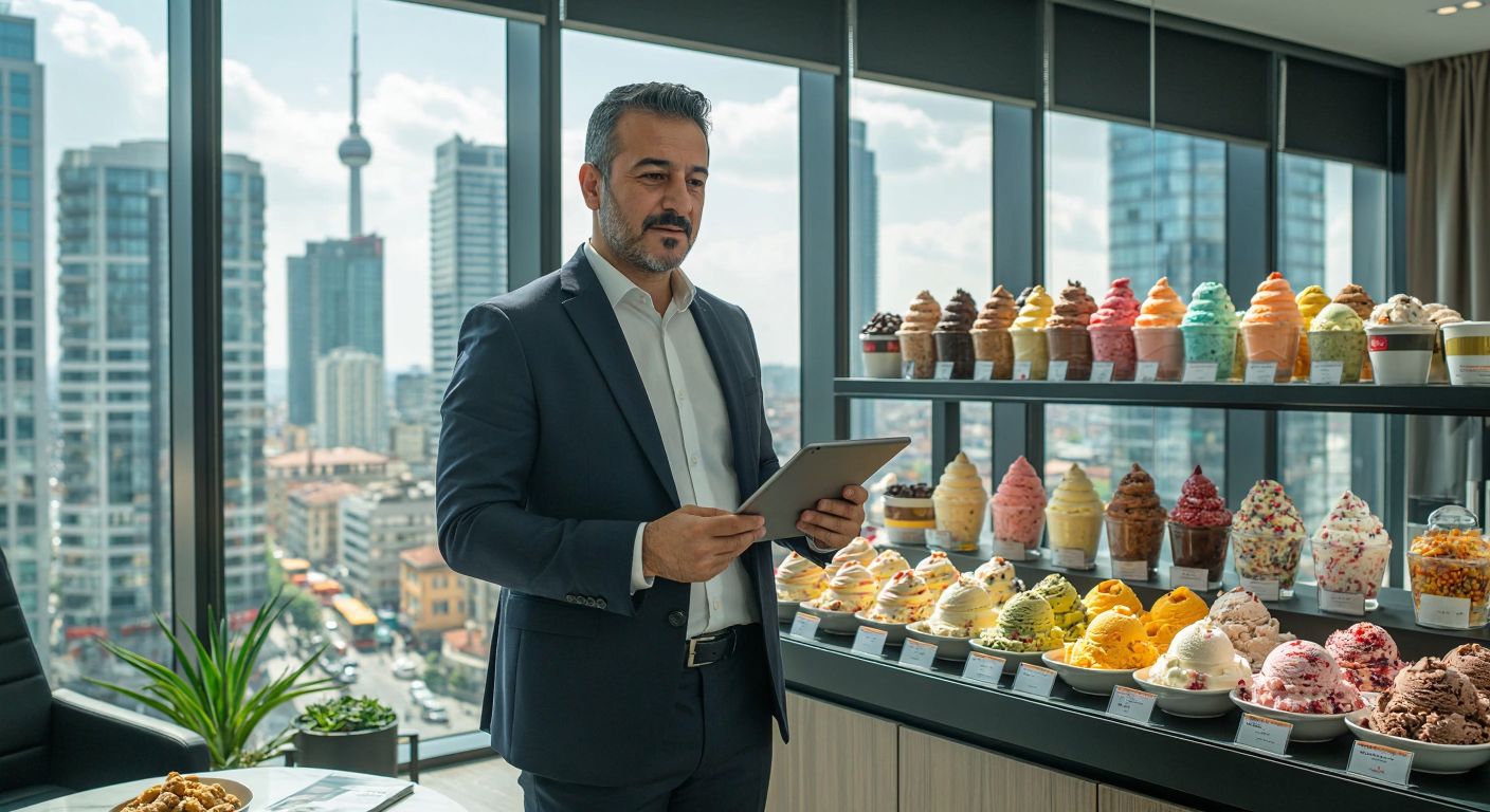 A confident middle-aged Turkish businessman in a sharp suit stands in a modern office, reviewing a vibrant display of Çitlekçi's colorful ice cream products while holding a tablet, with a large window overlooking a bustling cityscape.