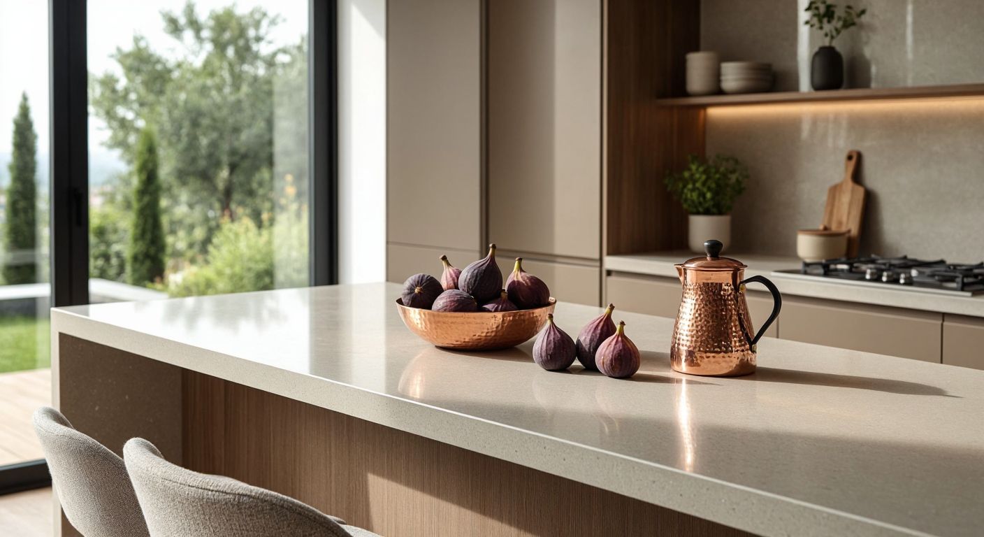 A sleek, light-gray quartz kitchen countertop in a modern Turkish home, with a bowl of fresh figs and a copper coffee pot placed on its smooth, scratch-resistant surface, reflecting soft sunlight.