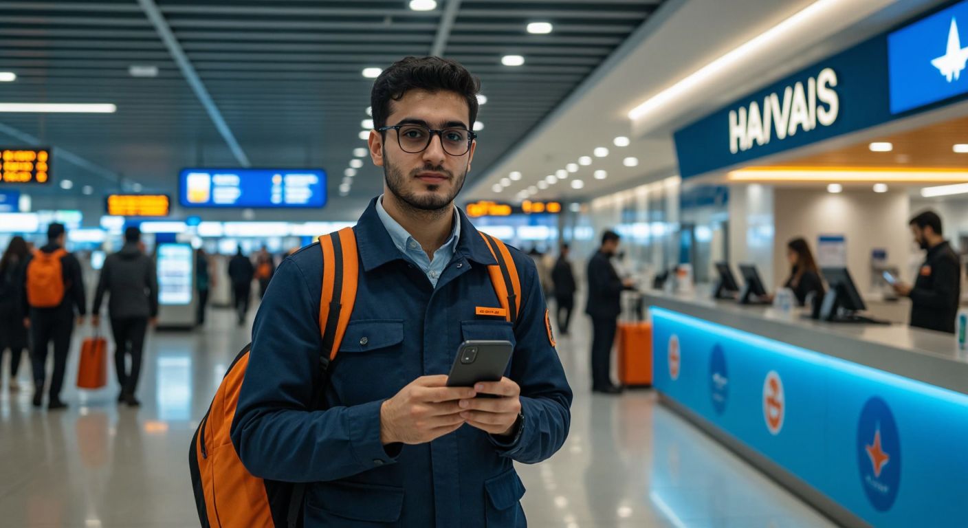 A determined job seeker in a bustling Turkish airport, wearing a neat uniform and holding a smartphone, stands near a HAVAŞ service counter with hopeful eyes and a focused expression.