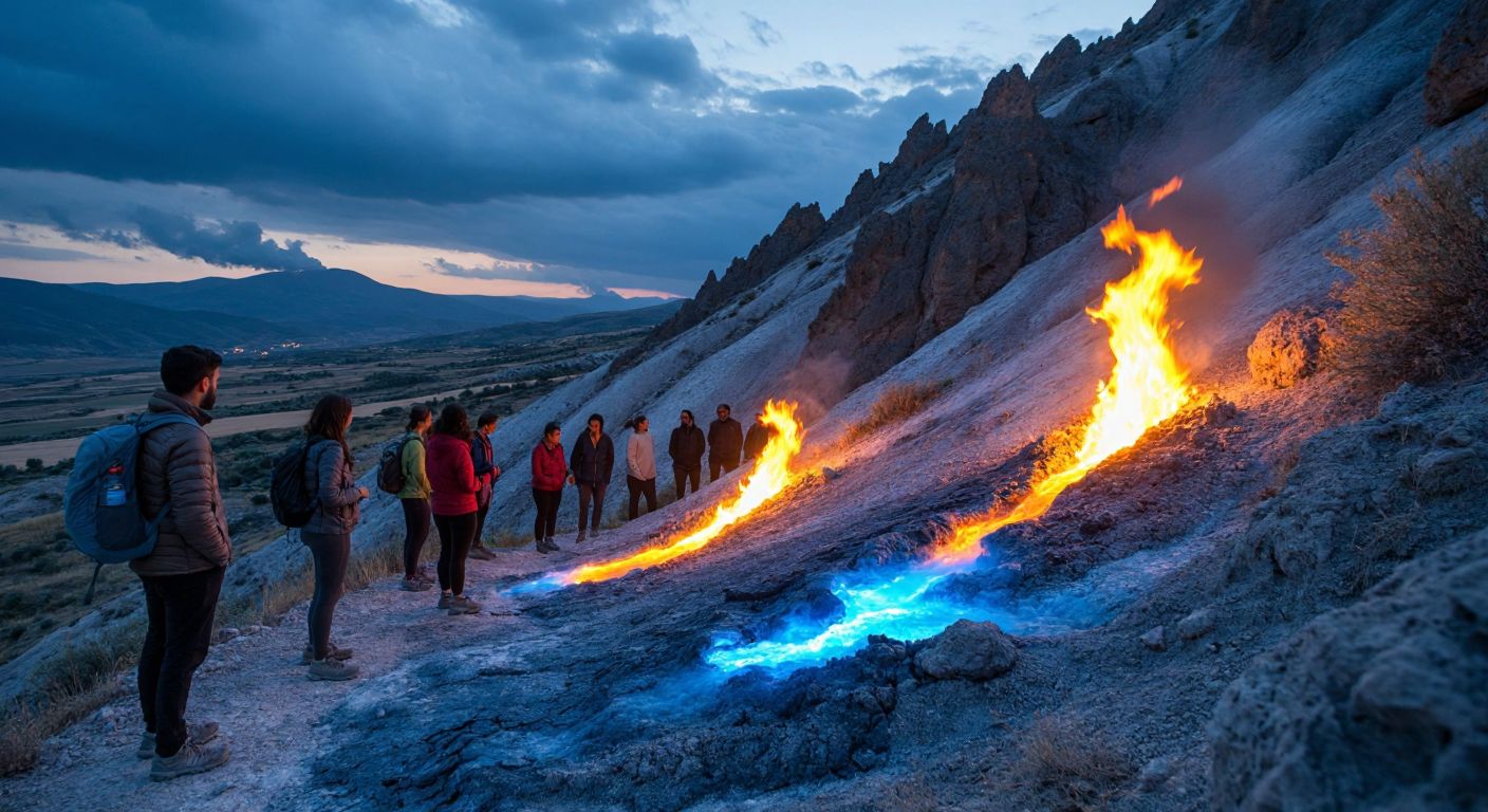 A rocky hillside in Turkey with flickering blue and orange flames emerging from cracks, surrounded by curious onlookers in casual hiking attire, their faces lit by the eerie glow of the eternal natural gas fires.