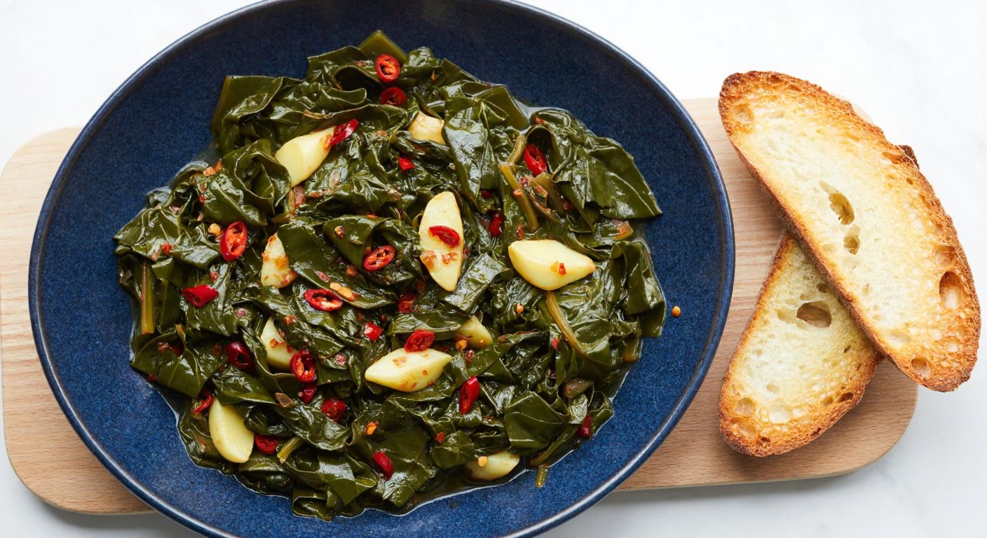 A steaming plate of sautéed Swiss chard with olive oil, garlic, and red pepper flakes, served on a rustic Turkish ceramic plate beside a slice of crusty bread.