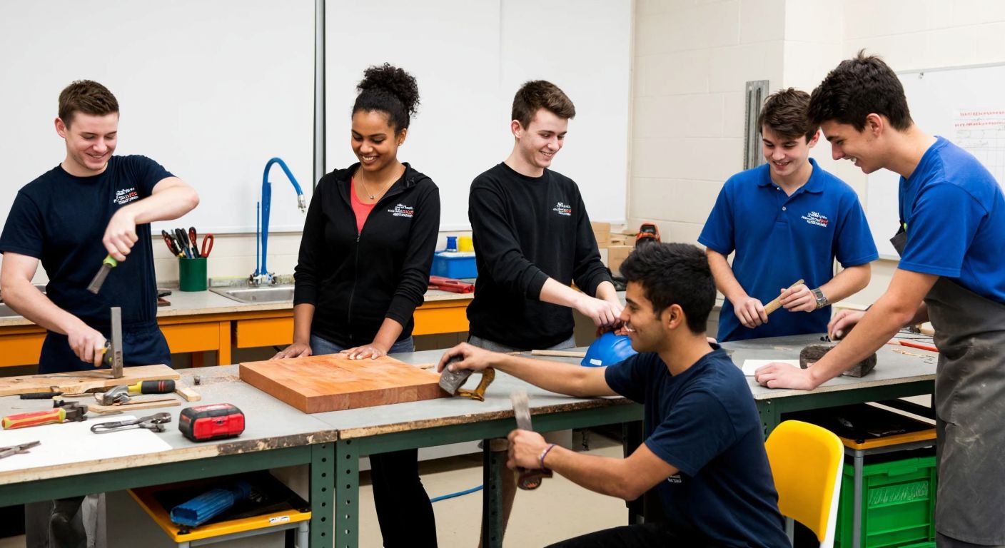 A diverse group of students in an Australian vocational classroom, engaged in hands-on activities like carpentry, cooking, and mechanics, with tools and workbenches around them, smiling as they learn practical skills.