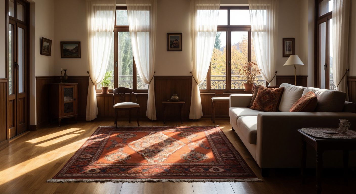 A warm Turkish living room with honey-toned wooden parquet flooring and matching dark brown wooden baseboards, where sunlight streams through lace curtains onto a traditional kilim rug.