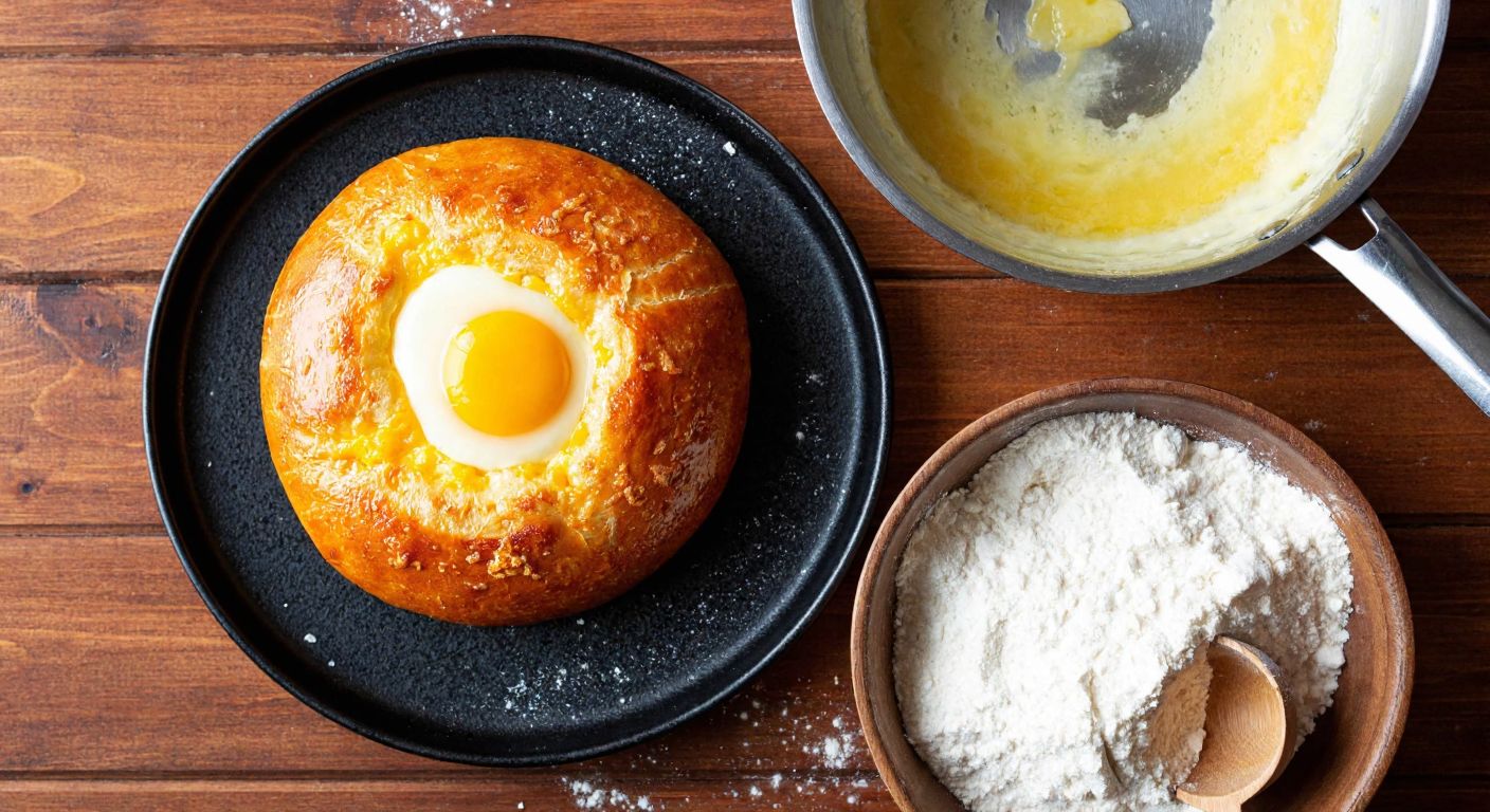 A warm, golden-brown Korean egg bread (gyeran ppang) fresh from the oven, topped with a cracked egg and melted cheese, resting on a rustic wooden table with scattered flour and a mixing bowl nearby.