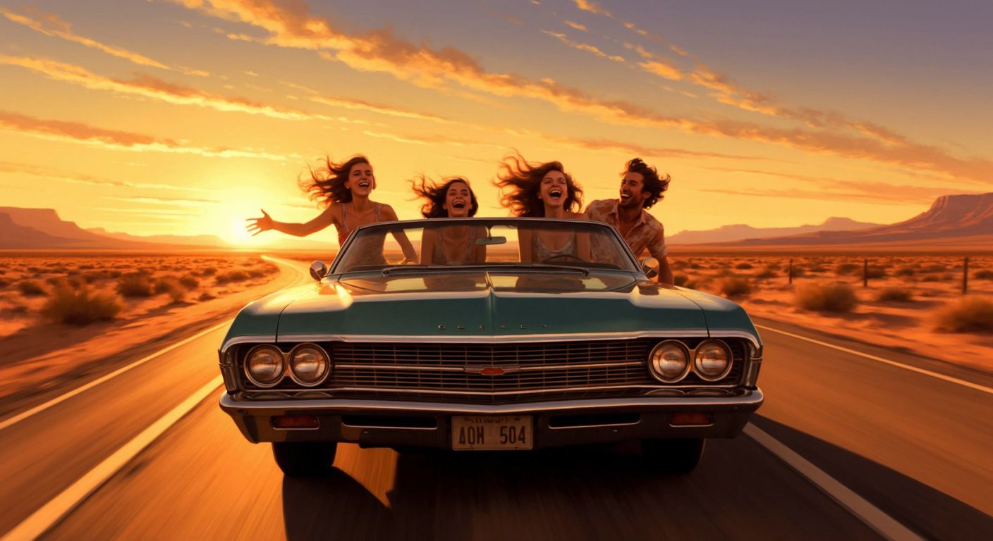 A vintage American convertible speeds down a desert highway at dusk, packed with young, carefree travelers laughing under a vast open sky, their hair whipping in the wind.