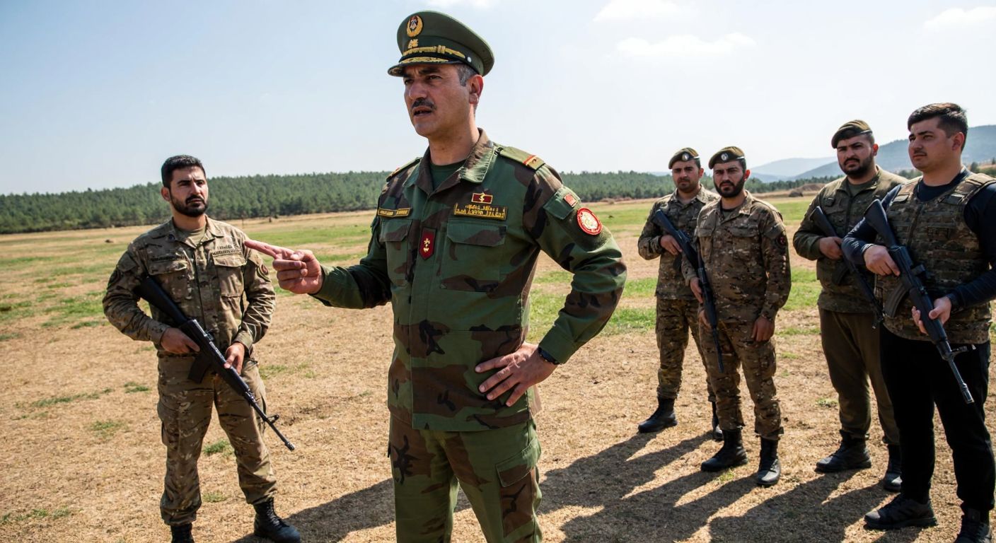 A stern yet composed Turkish military officer in camouflage uniform stands confidently on a rugged training field, gesturing instructions to a small group of attentive soldiers carrying rifles.