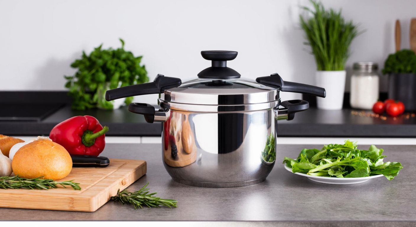 A shiny Tefal Secure Trendy pressure cooker sits on a modern kitchen counter in Turkey, surrounded by fresh vegetables and herbs, with a warm, satisfied smile from a home cook reflected in its polished surface.