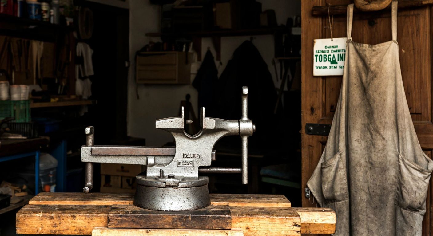 A weathered but sturdy metal vise sits on a wooden workbench in a dimly lit Turkish workshop, with a craftsman in a worn apron inspecting its condition while a second-hand tools sign hangs nearby.
