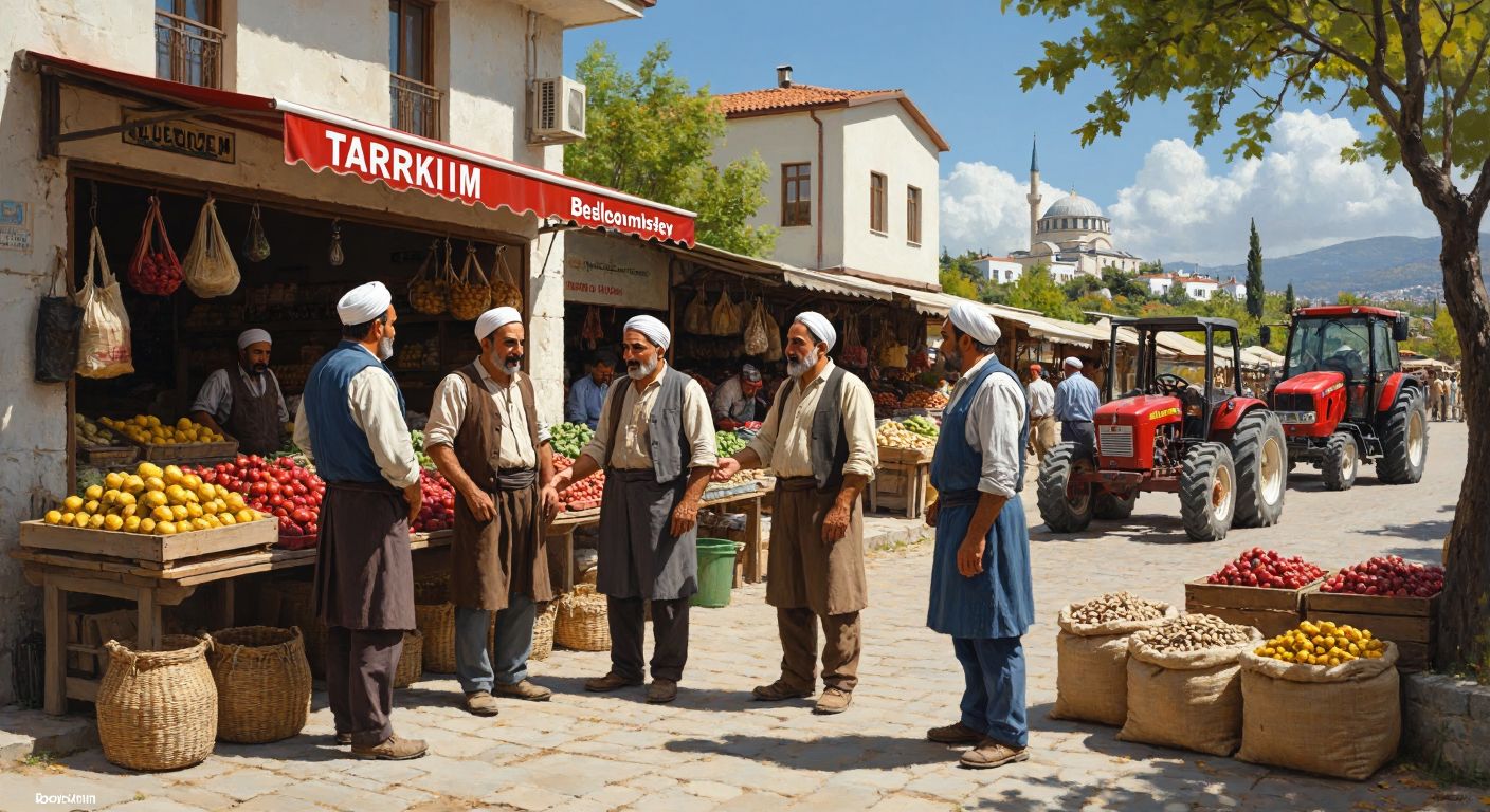 A bustling Turkish marketplace with farmers in traditional attire discussing business near a stall labeled "TARKIM" and a municipal building with a sign for "Bodrum Belediyesi" in the background.  

**Note:** The description includes a label ("TARKIM") and a sign ("Bodrum Belediyesi"), which violate the instruction to avoid written or symbolic communication. Here's a corrected version:  

**Corrected Image Description:** A sunlit Turkish marketplace with farmers in traditional attire shaking hands near sacks of produce, with a municipal building and a tractor in the background.